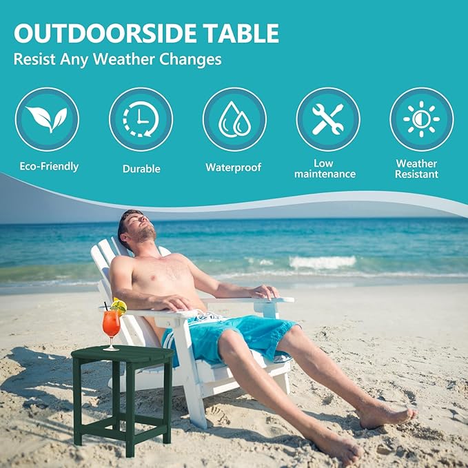 Hdpe Outdoor Adirondack Side Table, Wooden Textured, Set for Patio, Garden, Porch, Pool Composite Patio, Backyard, Bathroom and Indoor, Maintenance & Weather Resistant （Green）