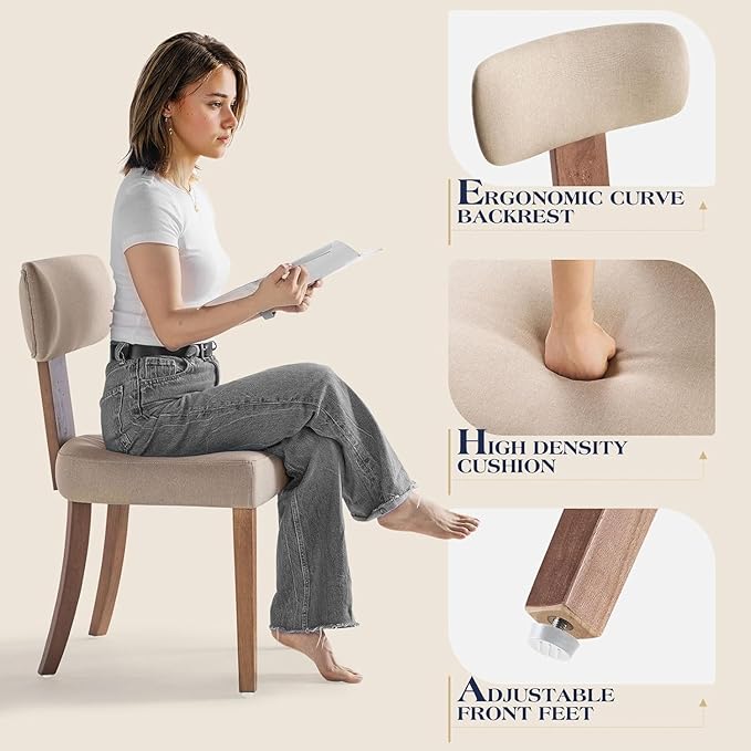 Farmhouse Chair Set of 4, Mid Century Modern Dining Chairs, Sherpa Upholstered Kitchen Chairs with Curved Backrest & Adjustable Legs for Living Room/Bedroom, Easy to Install, Beige Linen