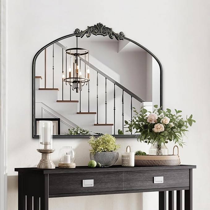 Wall Mirror Window Decorative Traditional Mirrors Antique Arched Farmhouse for Living Room Bedroom Entryway Bathroom Vanity 30 * 36 * 1.2,Black