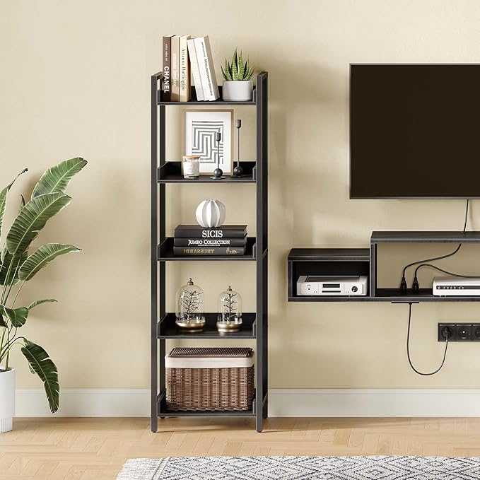 Rolanstar Bookshelf, 5-Tier Storage Rack, Narrow Corner Bookshelf, Display Wooden Shelves for Living Room, Bathroom, Balcony, Kitchen,Black