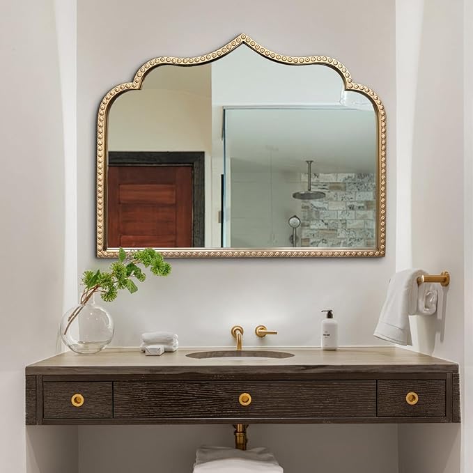 Gold Arched Mirror, 36"x28" Arch Vanity Mirrors for Bathroom, Metal Beaded Frame Ornate Decorative Mirror, Scalloped Vintage Mirrors for Fireplace Bedroom Living Room Entryway Hallway