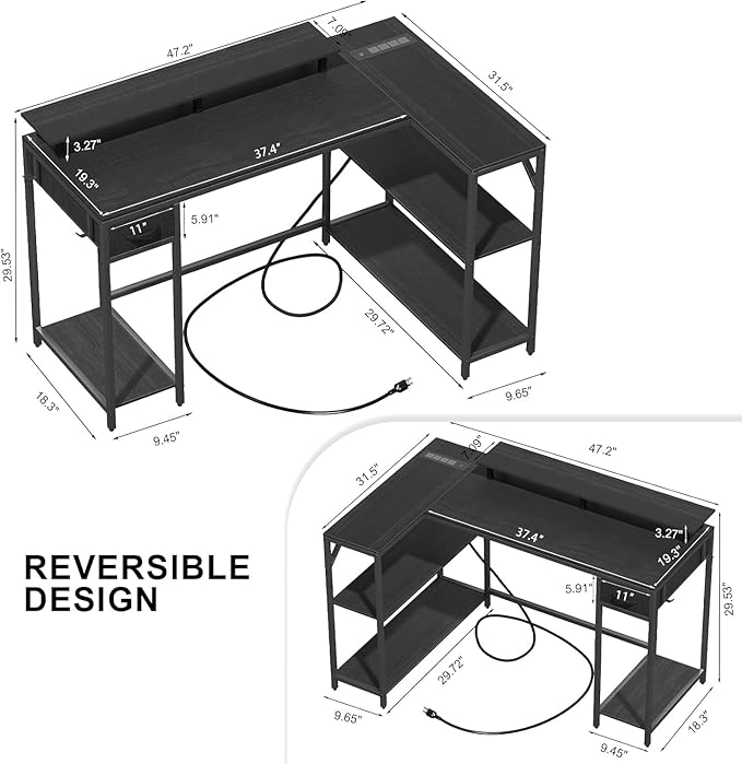 47 inch Gaming Desk with Power Outlet & LED Light, Reversible L Shaped Desk, L Shaped Desk with Hook & Monitor Stand, Computer Desk with Drawer and Shelves for Home Office Bedroom