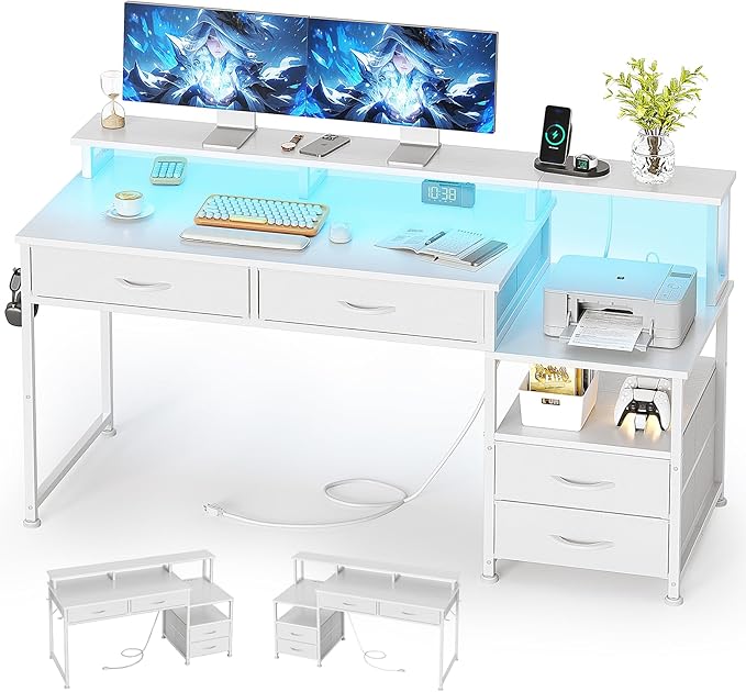 53" Computer Desk with 4 Drawers & Power Outlets, Reversible Home Office Desk with Monitor Stand & Printer Stand, Gaming Desk with Led Lights, Study Writing Work Desk Table for Bedroom (White)