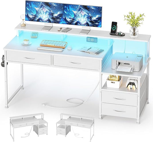 53" Computer Desk with 4 Drawers & Power Outlets, Reversible Home Office Desk with Monitor Stand & Printer Stand, Gaming Desk with Led Lights, Study Writing Work Desk Table for Bedroom (White)