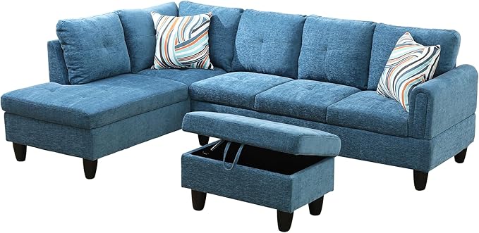 Osparple L Shaped Couch Sectional Couches for Living Room Upholstered Flannel 3 Pieces Modular Sectional Sofa with Chaise, Ottoman with Storage for Living Room and Small Apartment, Blue