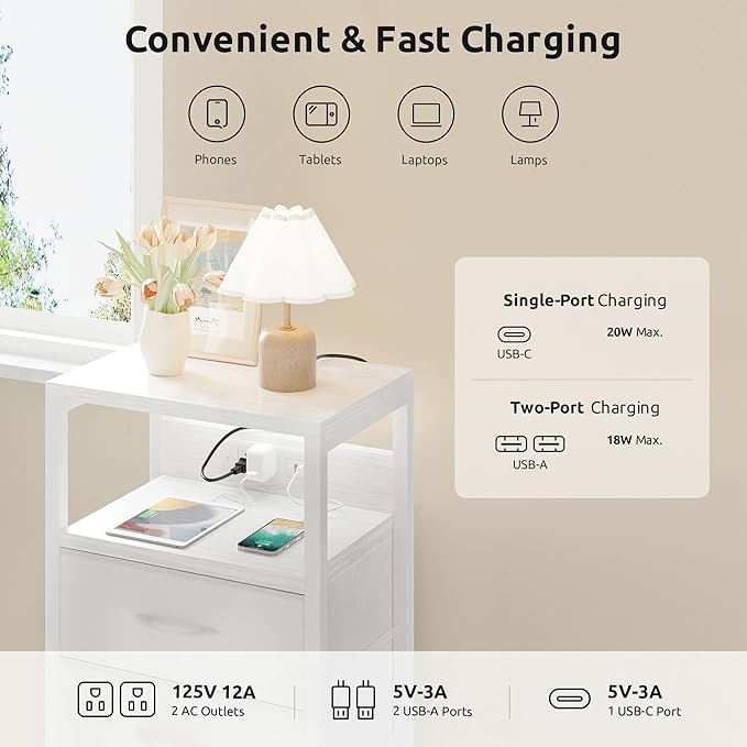 NightStand Bedside Charging Table Bedroom - White Night Stand with Charger Station, USB-C USB Ports & AC Outlets for Dorm, Living Room, Modern End Table with Open Shelf & 3 Fabric Drawers
