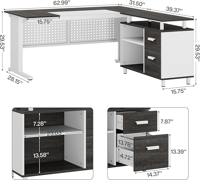 Tribesigns 63 Inch Executive Desk with File Cabinet, L Shaped Office Desk with Drawers and Storage Shelves, Business Furniture Set Workstation for Home Office, Gray and White