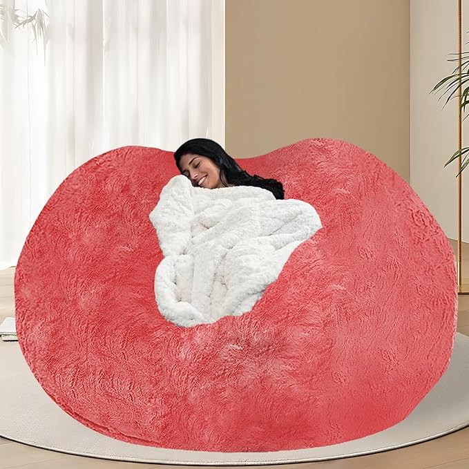 BCU 7FT Big Bean Bag for Adults Kids Without Filling Oversized Bean Bag Chair Cover for Stuffed Animal Storage, Rose Red
