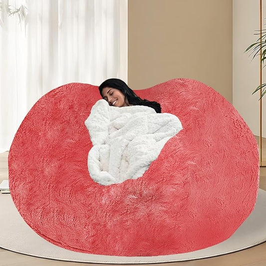 BCU 7FT Big Bean Bag for Adults Kids Without Filling Oversized Bean Bag Chair Cover for Stuffed Animal Storage, Rose Red