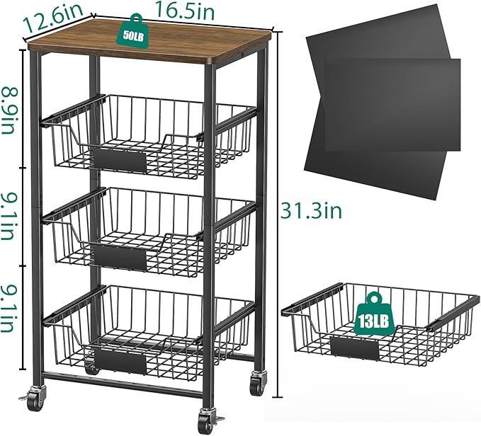 Kitchen Storage Cart with Wheels, 4-Tier Metal Utility Rolling Cart Fruit Vegetable Storage Basket Pantry Rack with Wood Top & Pull Out Baskets for Kitchen, Livingroom, Diningroom, Office