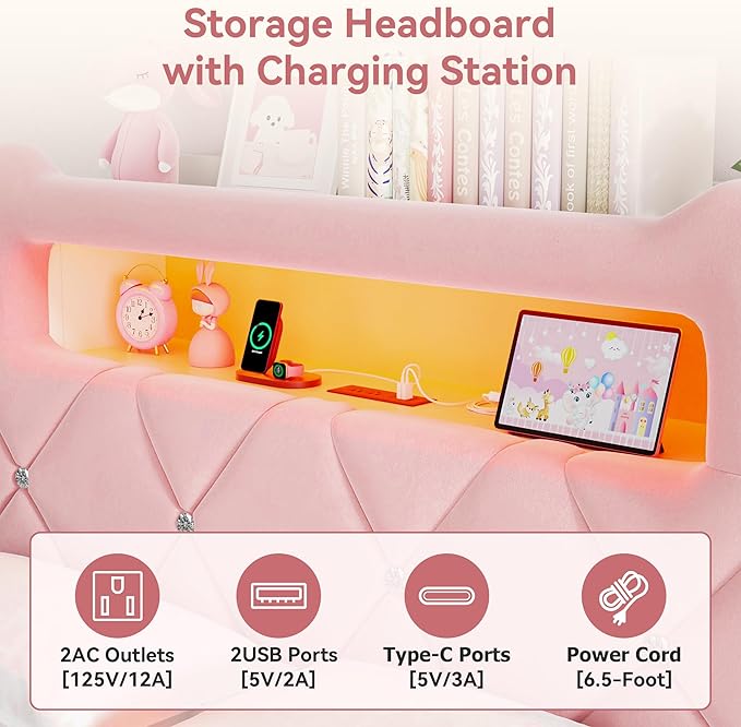 Queen Upholstered LED Bed Frame with 2 Storage Drawers and 2-Tier Storage Headboard,Velvet Princess Platform Bed with Charging Station & Bookcase, Corner Bed Frame, Heavy Duty Metal Support, Pink