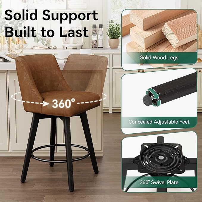 Vipbear Swivel Counter Height Bar Stools Set of 4,26.8" H Counter Stools with Back, Mid Century Modern Bar Stools for Kitchen Island,Faux Leather,Wooden Base, Brown