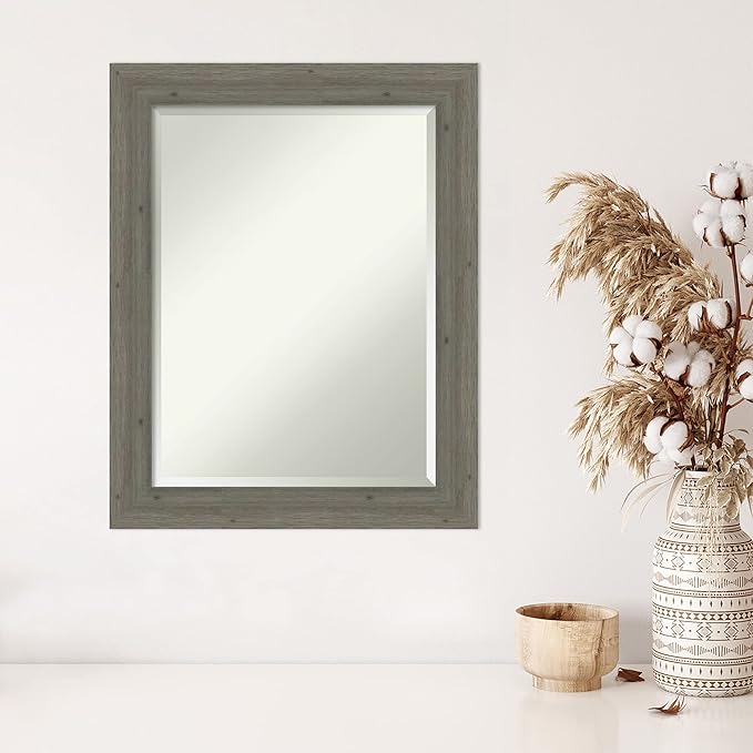 Amanti Art Grey Wall Mirror 29x23 Fencepost Grey Narrow Rectangle Bathroom Mirror for Wall Decor Living Room, Medium Country Rustic Wood Frame, Hangs Horizonally and Vertically, Bathroom Decor,