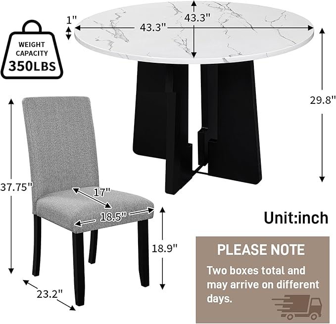Merax 5-Piece Round Dining Table Set, Modern 4 Upholstered Chairs for Living,Kitchen Room, 43 Inch, White+Gray