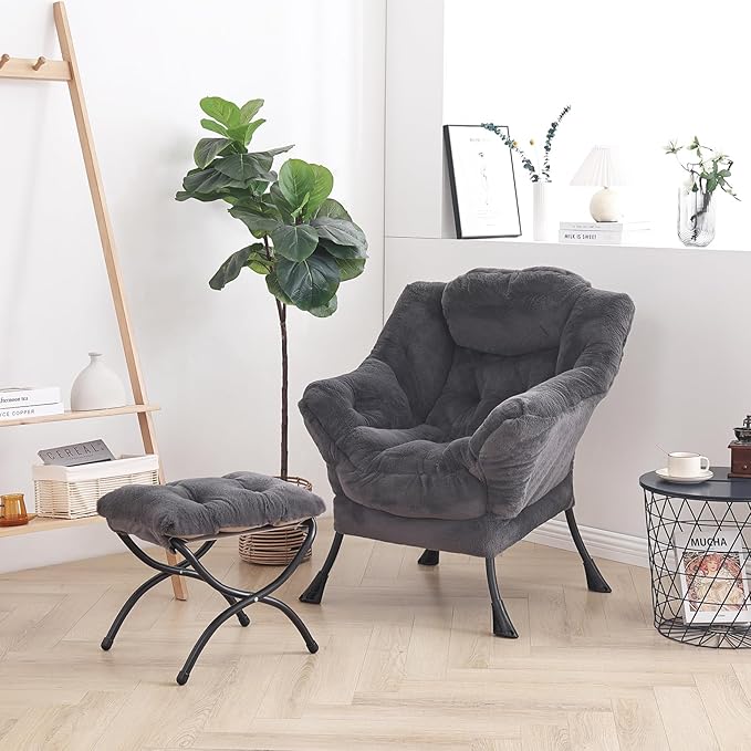 LITA Lazy Chair with Ottoman, Modern Accent Leisure Upholstered Sofa Chair, Lounge Reading Chair with Armrests and a Side Pocket for Living Room, Bedroom & Small Space, Plush Navy
