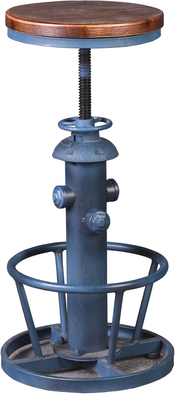 Topower Aged Steampunk Deco Industrial Round Bottom Adjustable Height Cafe Coffee Retro Vintage Fire Hydrant Design Pub Kitchen Counter Bar Stool (Antique Blue, Wooden Top)
