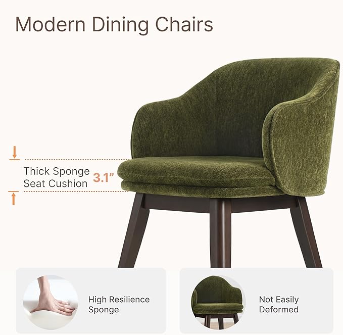 Wooden Dining Chairs Set of 2, Fabric Upholstered Modern Dining Room Chairs with Barrel Backrest & Double-Layer Thick Cushion for Living Room, Restaurant, Kitchen and Café, Green