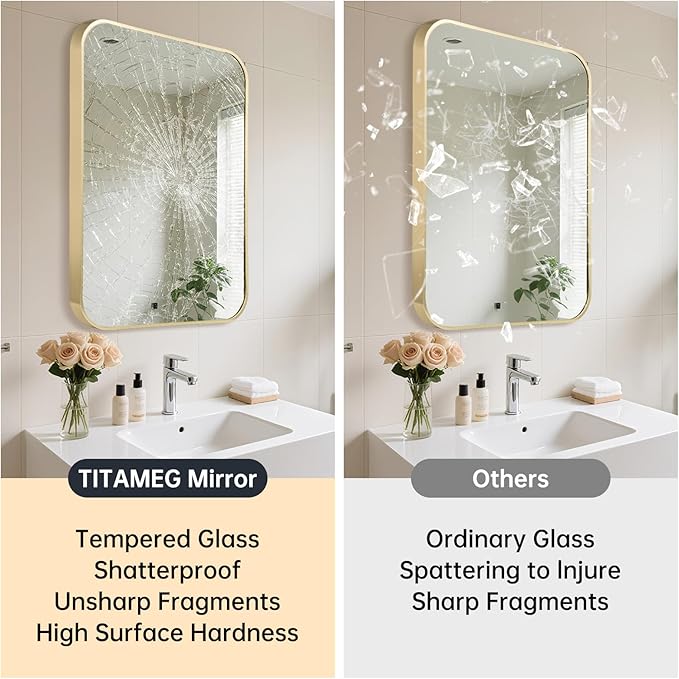 24x36 Inch Bathroom Mirror, Gold Framed Rectangle with Rounded Corner, Aluminum Alloy Framed Brushed Wall Mirror for Bedroom or Living Room, Vertical or Horizontal
