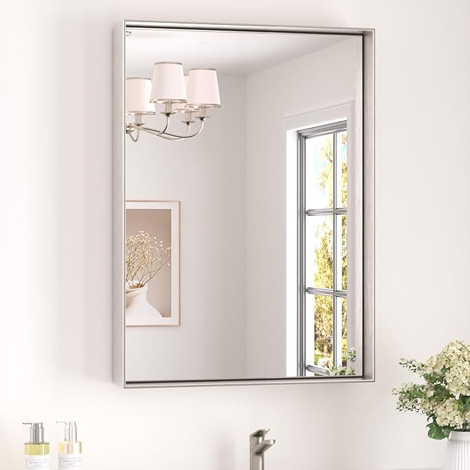 Keonjinn Brushed Nickel Bathroom Mirror for Wall 22 x 30 in, Rectangular Metal Framed Silver Mirror for Vanity Square Corner Aluminum Alloy Rectangle Modern Mirror for Over Sink(Horizontal/Vertical)