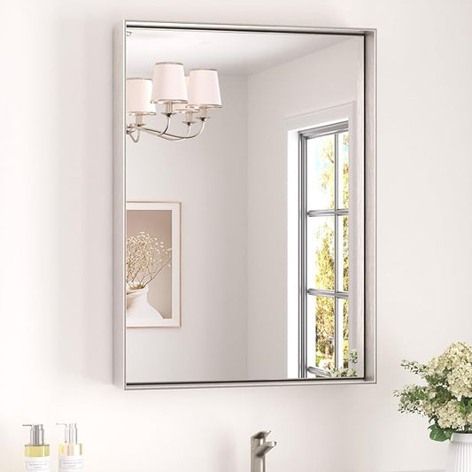 Keonjinn Brushed Nickel Bathroom Mirror for Wall 22 x 30 in, Rectangular Metal Framed Silver Mirror for Vanity Square Corner Aluminum Alloy Rectangle Modern Mirror for Over Sink(Horizontal/Vertical)