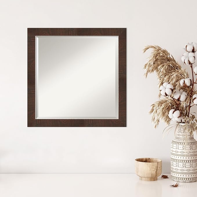 Amanti Art Brown Wall Mirror 23x23 Wildwood Brown Narrow Square Bathroom Mirror for Wall Decor Living Room, Medium Rustic Farmhouse Frame, Hangs Horizonally and Vertically, Bathroom Decor, Beveled