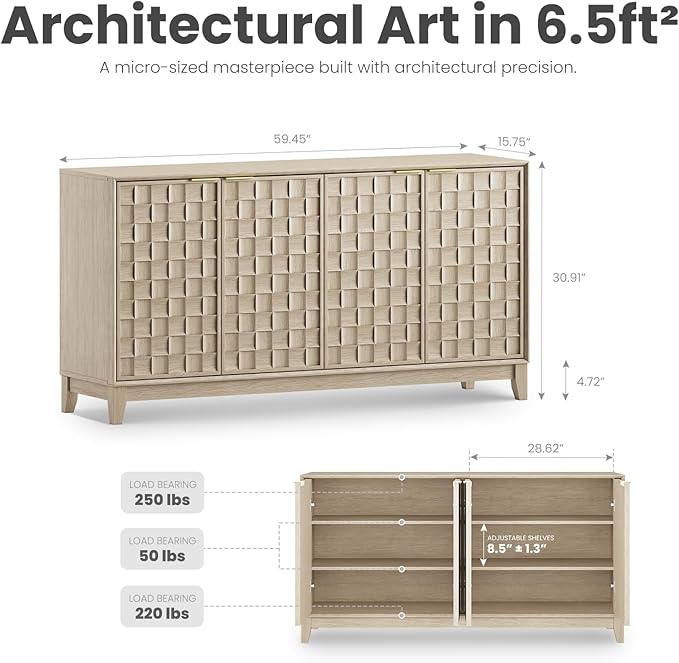 COLAMY Fluted Sideboard Cabinet with Storage – Solid Wood Buffet for Dining Room, Credenza Console with Adjustable Shelves, Walnut Finish, Mid Century Modern Style,Oak White