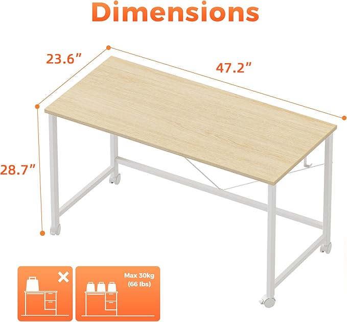 Rolling Computer Desk with Wheels, Gaming Desk for Small Spaces, Modern Simple Style Table for Home Office, Study Writing Table (Caster, Oak, 48 inch)