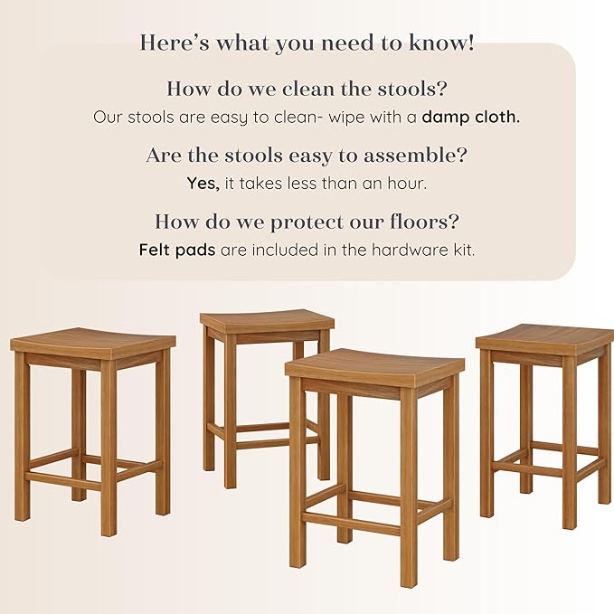 Grain & Grove Smith Collection Set of 4 Solid Wood Counter Height Bar Stools, 24-Inch Saddle Seat Backless Stools, Ideal for Kitchen Island, Dining, or Home Bar Seating, Pecan
