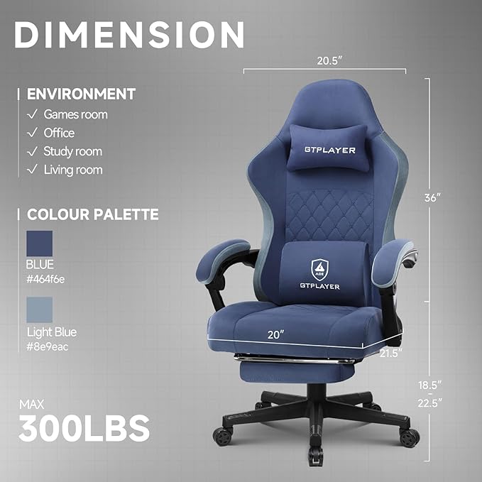 GTPLAYER Office Chair, Gaming Computer Desk Fabric Chair with Footrest, High Back Ergonomic Office Chair with Pocket Spring Lumbar Support and Linkage Armrests Adjustable Height Swivel for Home Task