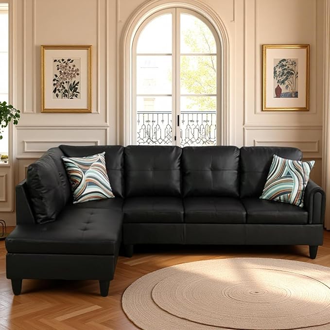 L Shaped Couch Sectional Couches with Chaise, 3 Pieces Modular Convertible Sofa for Living Room Furniture Sets and Small Apartment Faux Leather, Black