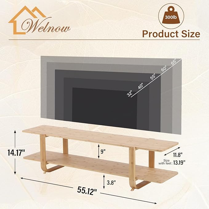 Welnow Bamboo TV Stand for Up to 65 Inch, Mid Century Modern Entertainment Center with 2-Tier Open Shelves, Storage Media Console Table for Living Room, Bedroom, Natural