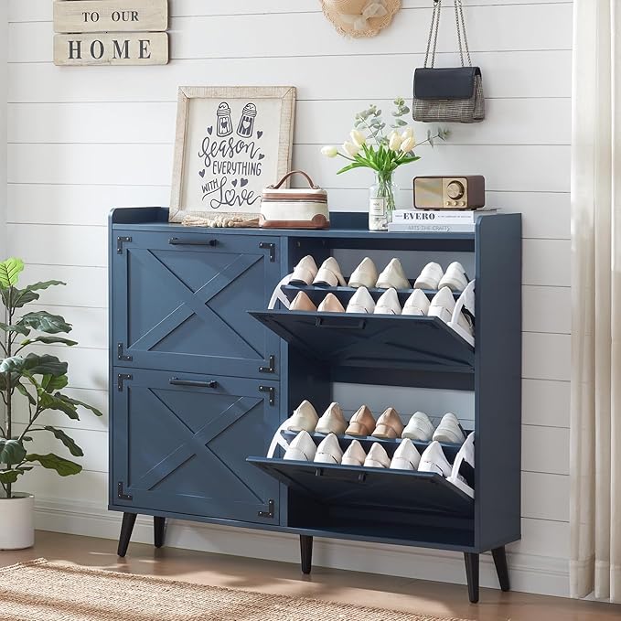 Shoe Storage Cabinet,Farmhouse Shoe Organizer with 4 Flip Drawers & Barn Door Design,Freestanding Hidden Slim Narrow Shoe Rack Cabinet for Entryway,Foyer,Hallway,Blue