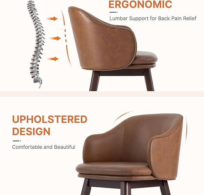 Wooden Dining Chairs Set of 4, Faux Leather Upholstered Modern Dining Room Chairs with Barrel Backrest & Double-Layer Thick Cushion for Living Room, Restaurant, Kitchen and Café, Brown, 2 Boxs