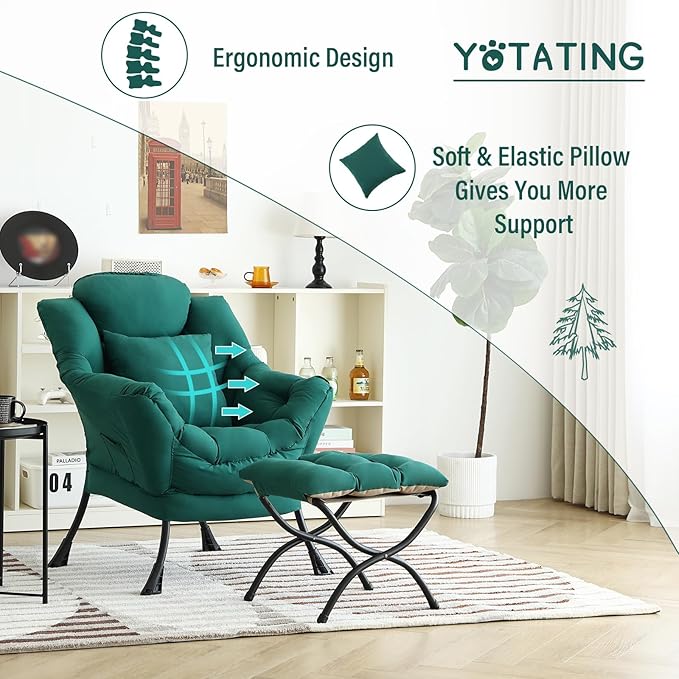 Lazy Chair with Ottoman, Comfy Reading Chair with Footstool & Pillow Modern Lounge Chairs with Armrests & Side Pocket for Living Room, Bedroom, Dorm Room，Dark Green