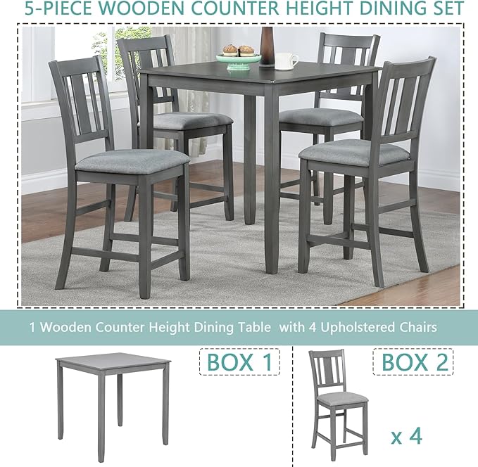 KEIKI 5-Piece Counter Height Dining Table Set with Square Table and 4 Upholstered Slatted Backrset Chair, for 4 Person, Modern Style Wooden Table Set, Easy Assembly, for Kitchen, Dining Room, Gray