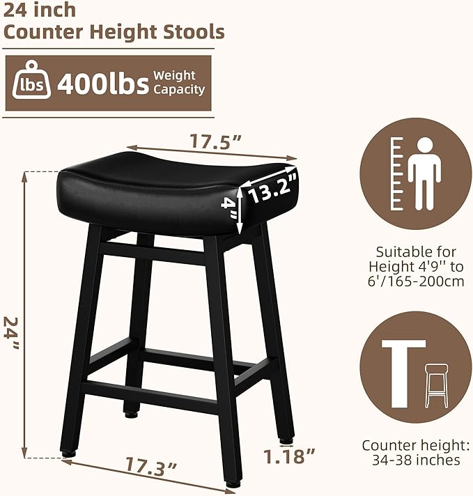 Counter Height Bar Stools Set of 2, 24 Inch Backless BarStools for Kitchen Island Leather Saddle Bar Chairs Kitchen Stools with 4" Thick Seats & Heavy Duty Metal Base, Black