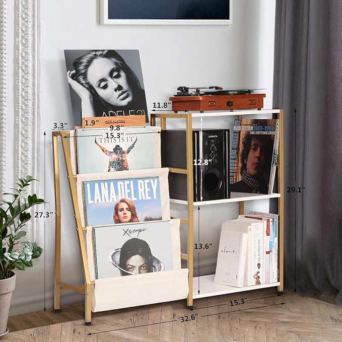 Stand for Record Player, 3 Tier Vinyl Record Storage with Now Playing Holder, Turntable Stand, Vinyl Display with Speaker Storage for Living Room, Gold White
