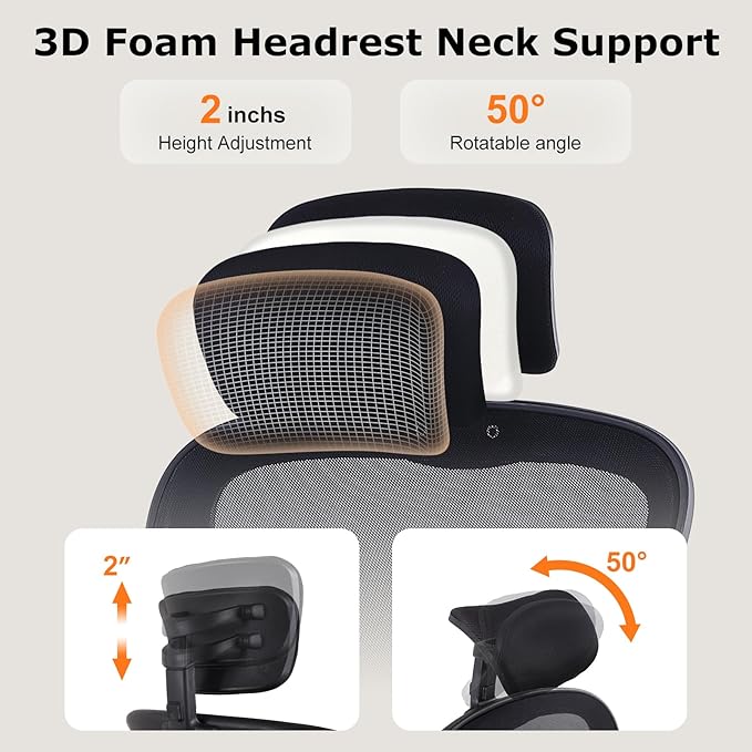 ralex-chair Ergonomic Office Chair with Adjustable Headrest & Lumbar Support, Desk Chair with Flip-Up Armrests, Comfortable for Home, Office, Conference Room