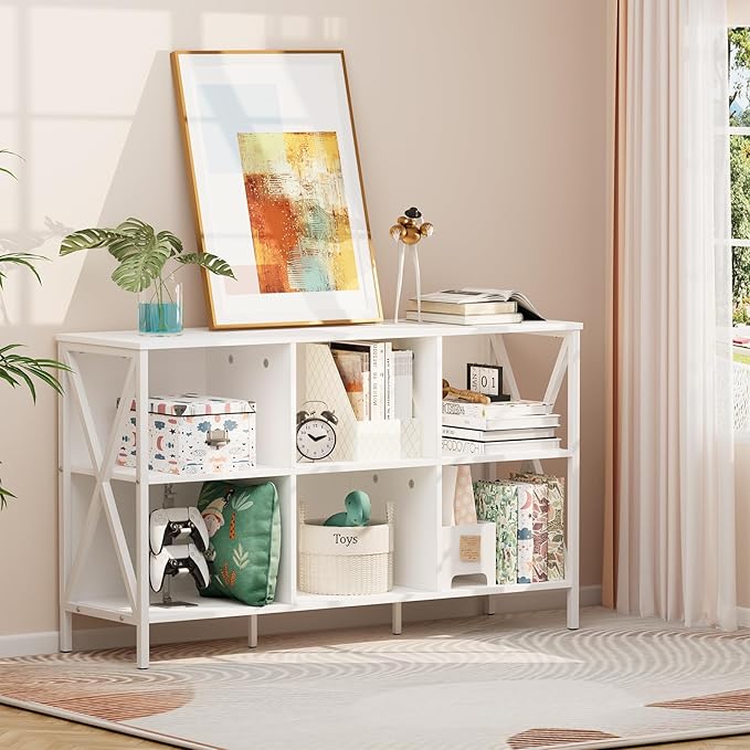 Horizontal Bookshelf Bookcase,6 Cube Storage Organizer with Open Shelf,47 Inch Industrial Low Wide Wood and Metal Cubby Shelf,Long Shelving Unit for Home Office Living Room(White,6 Cube)