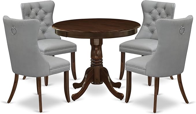 East West Furniture ANDA5-AWA-27 5 Piece Kitchen Table & Chairs Set Includes a Round Dining Table with Pedestal and 4 Polyester Fabric Upholstered Chairs, 36x36 Inch, Antique Walnut
