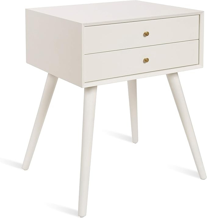 Kate and Laurel Finco Midcentury Modern Style Side Table with 2 Drawers, White Finish with Brass Hardware