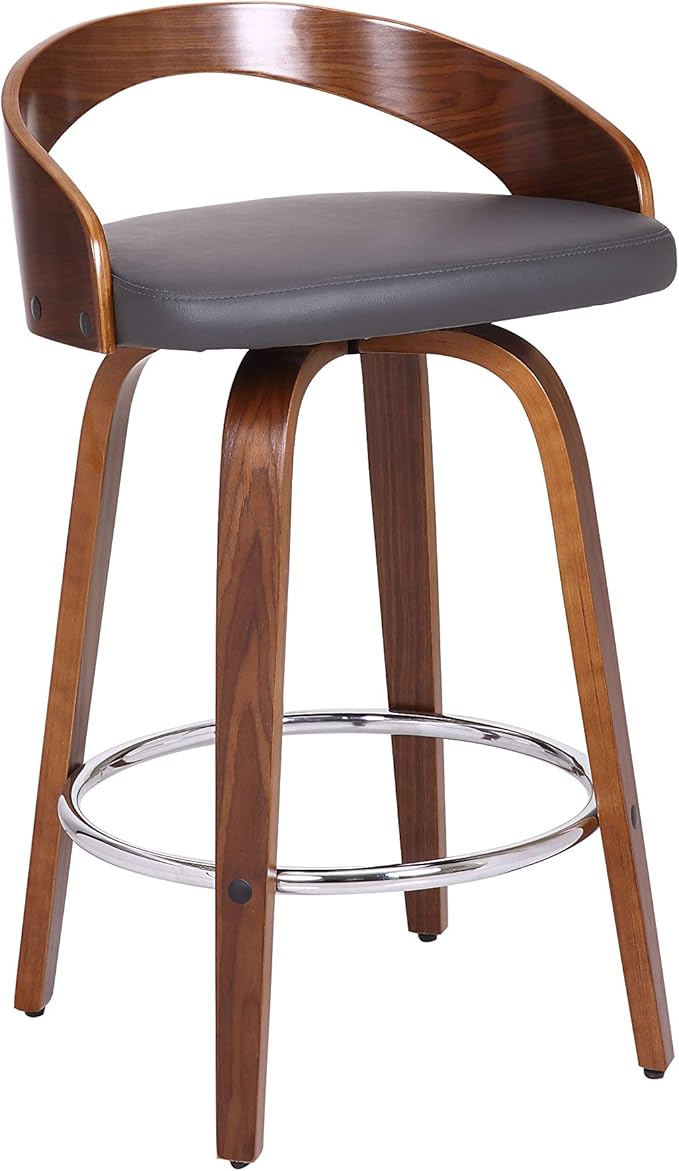 Armen Living Sonia 26" Counter Height Swivel Gray Faux Leather and Walnut Wood Bar Stool - Set of 2