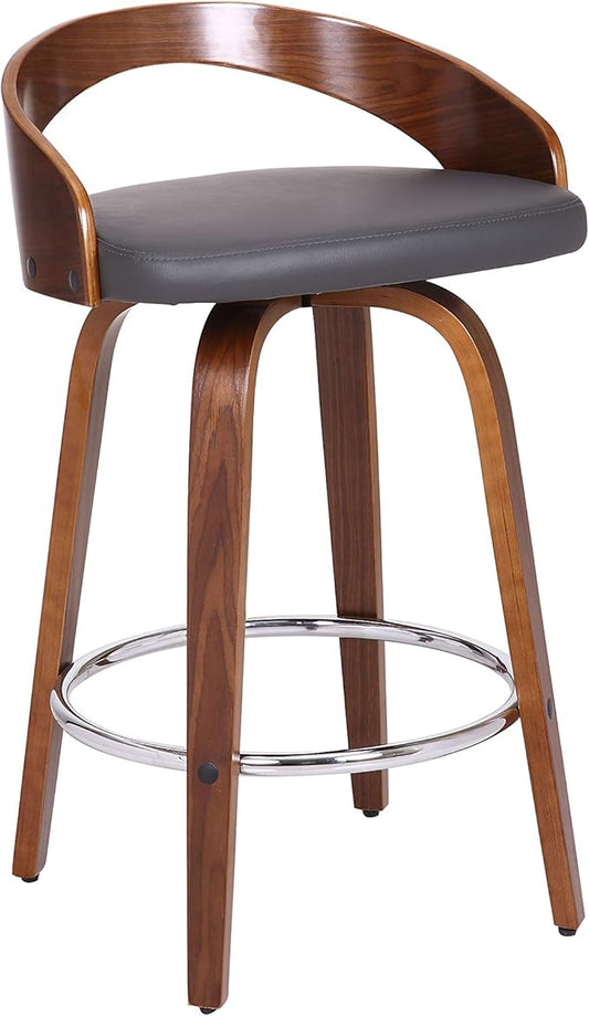 Armen Living Sonia 26" Counter Height Swivel Gray Faux Leather and Walnut Wood Bar Stool - Set of 2