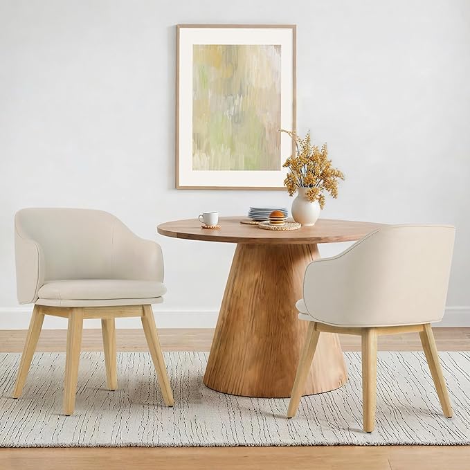 Wooden Dining Chairs Set of 4, Faux Leather Upholstered Modern Dining Room Chairs with Barrel Backrest & Double-Layer Thick Cushion for Living Room, Restaurant, Kitchen and Café, Beige, 2 Boxs