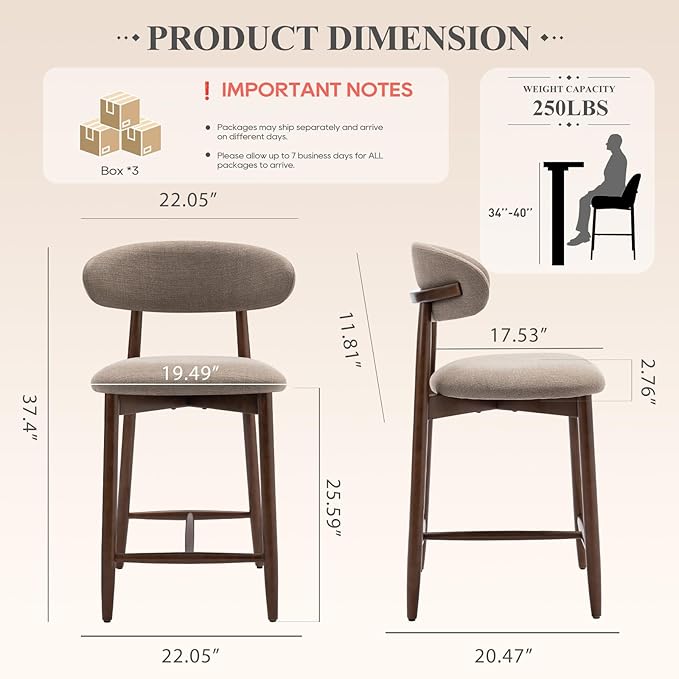 COLAMY Mid-Century Modern Upholstered Counter Height Bar Stools Set of 6, Kitchen Island Stools with Contoured Fabric Seat, Wood Legs, Camel