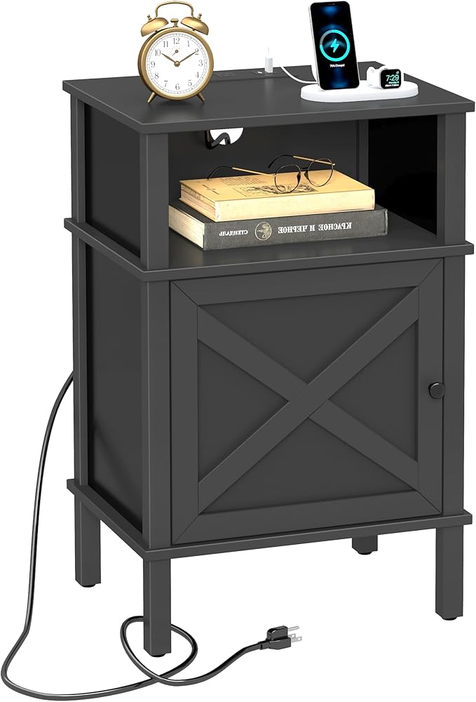 Nightstand with Charging Station, Farmhouse Nightstand, end Table with 2 Tiers Storage Space and Storage Cabinet, Sofa Side Tables for Bedroom, Living Room BZ0601BKE