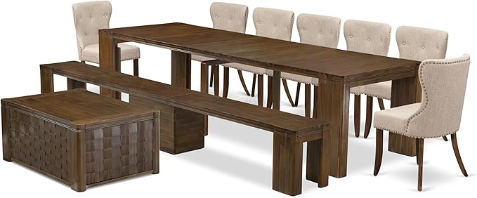 X07SI-BC8-04 - 10 Pieces Modern Dining Set contains an Extendable Rectangle Kitchen Table, 1 Coffee Table, 7 Dining Chairs and 1 Modern Bench, 39x120 Inch, Antique Walnut