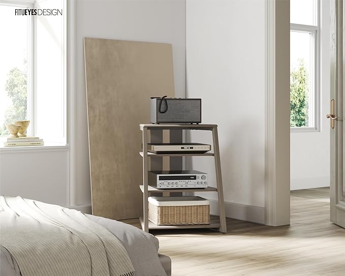 FITUEYES Design 4-Tier AV Media Stand Corner Shelf Stand Wooden Corner Shelves Component Cabinet Stereo Rack Audio Tower with Height Adjustable Wooden Shelves for Xbox One/ps4 (Khaki)
