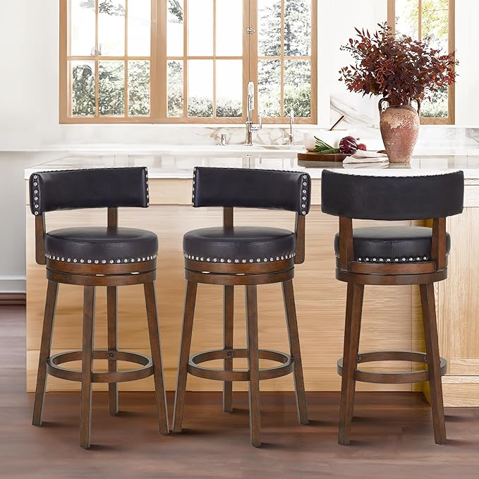 COLAMY Swivel Counter Height Bar Stools Set of 3, 30 Inch Modern Upholstered Kitchen Island Barstools with Back, Wood Swivel Bar Chairs for Counter Bar Dining Room, Dark Brown