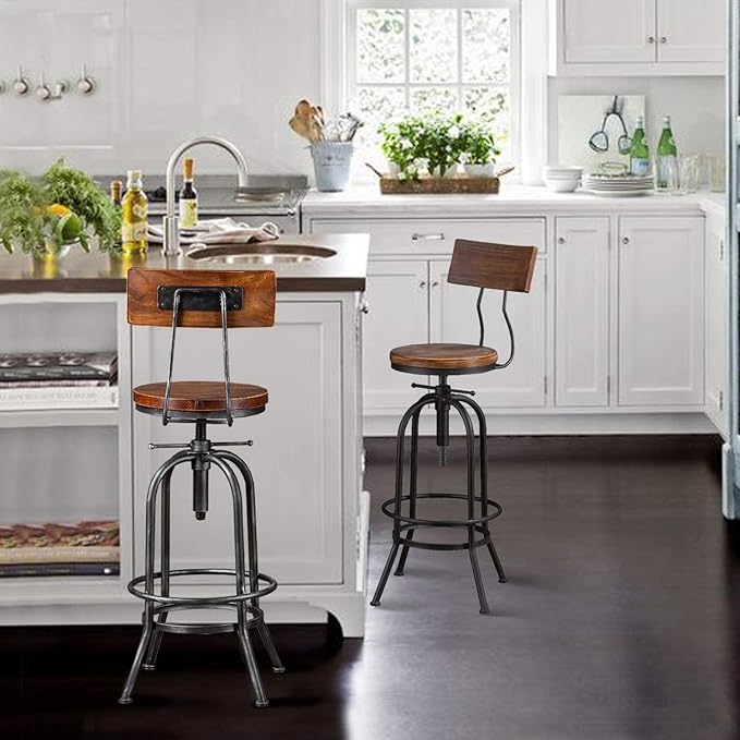 LOKKHAN Industrial Bar Stool-Adjustable Swivel Round Wood Metal Kitchen Stool-26-32.3 Inch-Rustic Farmhouse-Counter Height Extra Tall Bar Height Stool-Arc-Shaped Backrest,Welded,Set of 2